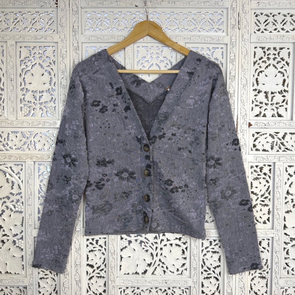 Free‎ People Gray Caroline Button Up Cardigan Sz M Grunge Textured Indie Vamp